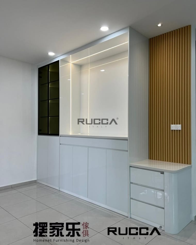 A floor-to-ceiling altar cabinet beside a slatted timber feature panel.